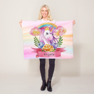 Niedliche Lila Mädchen Unicorn Rainbow Individuell Fleecedecke
