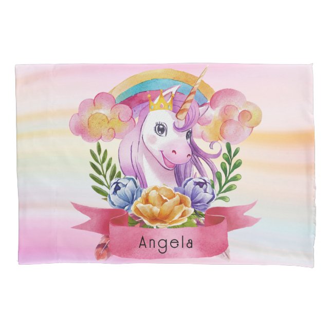 Niedliche Lila Mädchen Unicorn Rainbow Individuell Kissenbezug (Vorderseite)