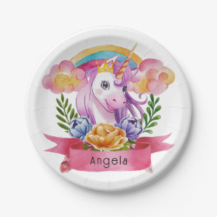 Niedliche Lila Mädchen Unicorn Rainbow Individuell Pappteller