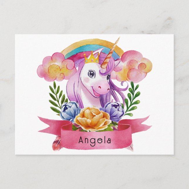 Niedliche Lila Mädchen Unicorn Rainbow Individuell Postkarte (Vorderseite)