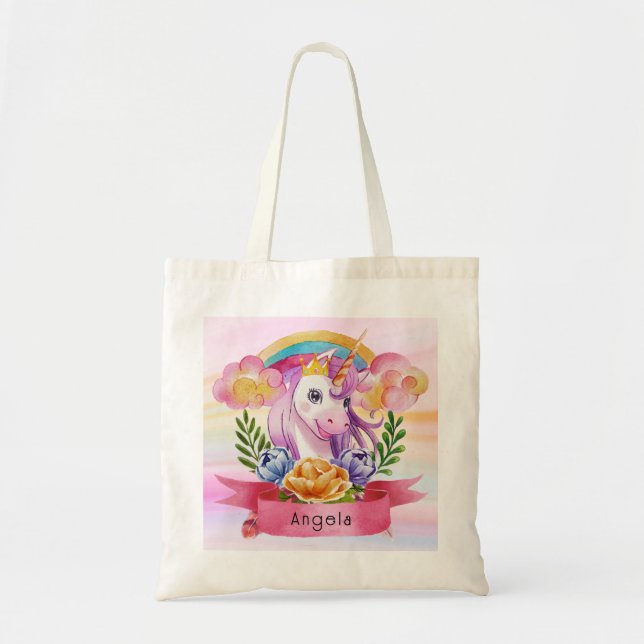 Niedliche Lila Mädchen Unicorn Rainbow Individuell Tragetasche (Vorne)