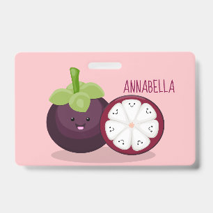 Niedliche lila Mangostanfrucht Cartoon Abbildung Ausweis