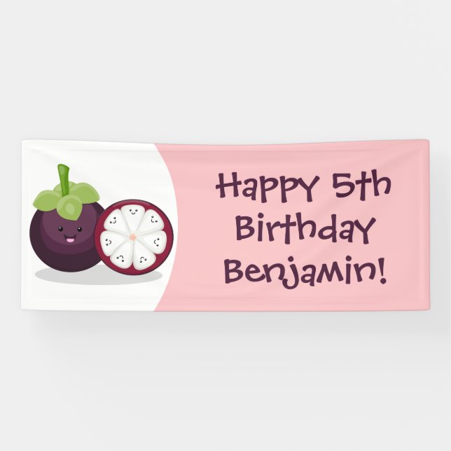 Niedliche lila Mangostanfrucht Cartoon Abbildung Banner (Horizontal)