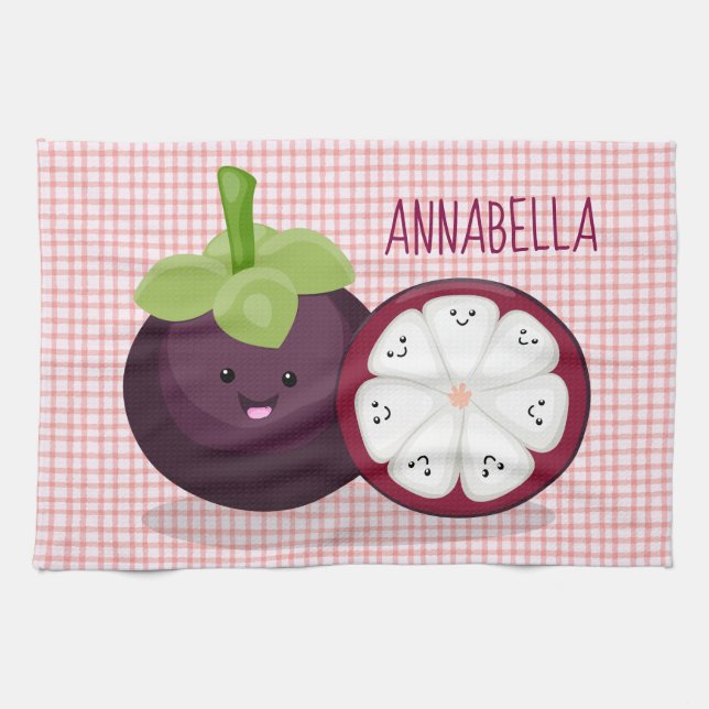 Niedliche lila Mangostanfrucht Cartoon Abbildung Geschirrtuch (Horizontal)
