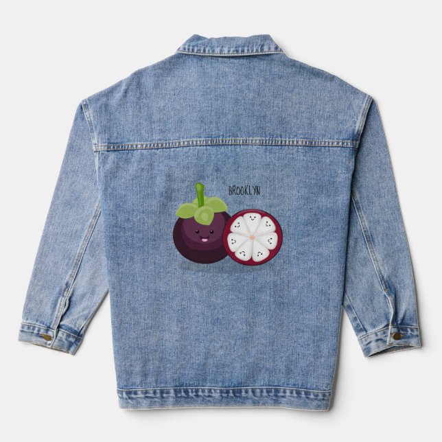 Niedliche lila Mangostanfrucht Cartoon Abbildung Jeansjacke (Rückseite)