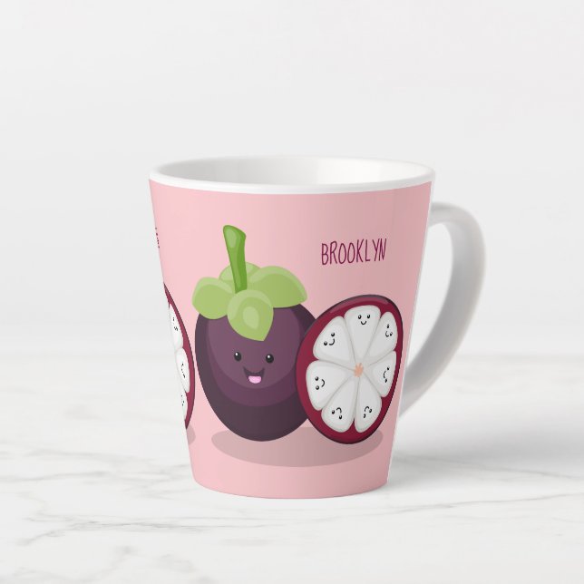 Niedliche lila Mangostanfrucht Cartoon Abbildung Milchtasse (Rechte Ecke)