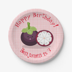 Niedliche lila Mangostanfrucht Cartoon Abbildung Pappteller