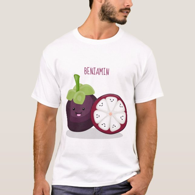 Niedliche lila Mangostanfrucht Cartoon Abbildung T-Shirt (Vorderseite)