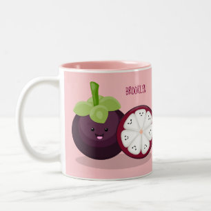 Niedliche lila Mangostanfrucht Cartoon Abbildung Zweifarbige Tasse