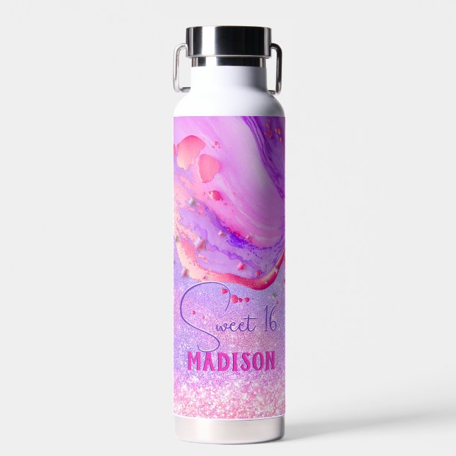 Niedliche lila Marmorkunst Glitzer Monogramm Trinkflasche (Vorne)