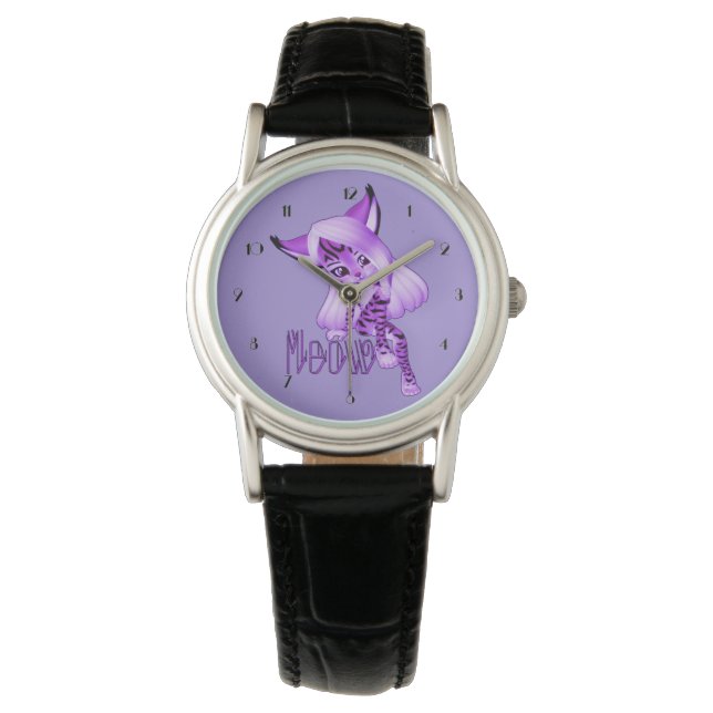 Niedliche Lila Meow Tiger Cat Wrist Watch Armbanduhr (Vorderseite)