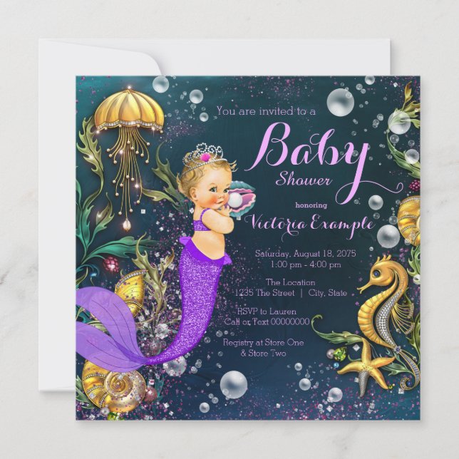 Niedliche Lila Mermaid Babydusche Einladung (Vorderseite)