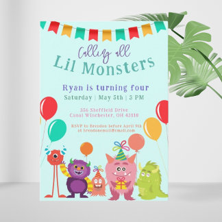 Niedliche lila Monster Cartoon Blue Birthday Party Einladung