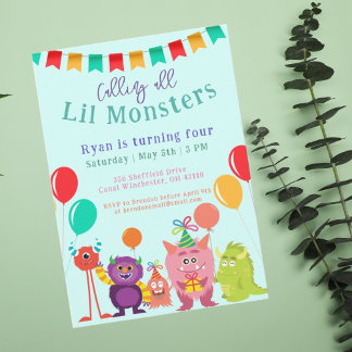 Niedliche lila Monster Cartoon Blue Birthday Party Einladung