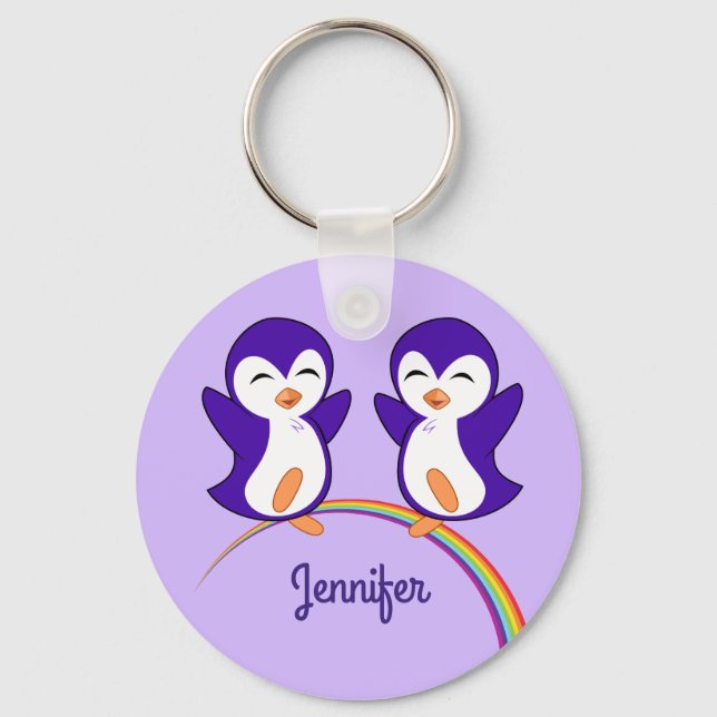 Niedliche Lila Pinguin Monogramm Rainbow Kids Schlüsselanhänger (Vorderseite)