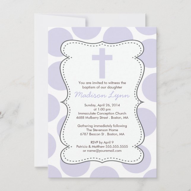 Niedliche Lila Polka Dots Cross-Taufe Einladung (Vorderseite)