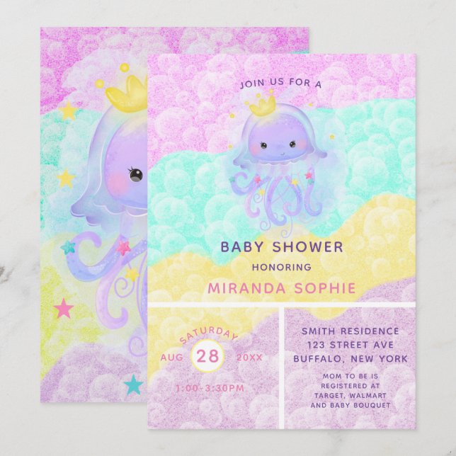 Niedliche Lila Princess Jellyfish Girl Babydusche Einladung (Vorne/Hinten)