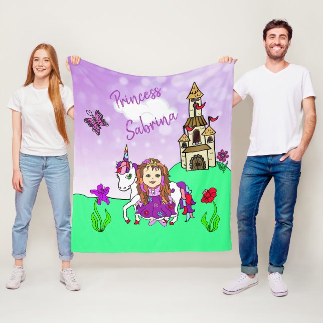 Niedliche Lila Prinzessin und Einhorn Personalisie Fleecedecke (Beispiel)