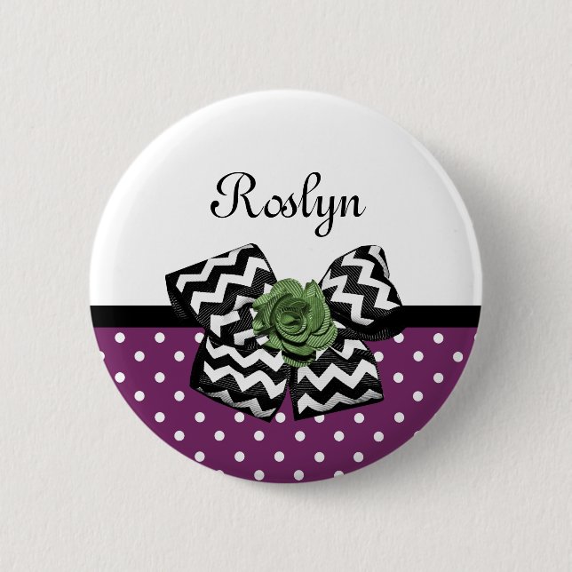 Niedliche lila Punkt-grüne Rosen-Zickzack Bogen Button (Vorderseite)