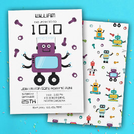 Niedliche Lila Robot Theme Kids Roboter Geburtstag Einladung