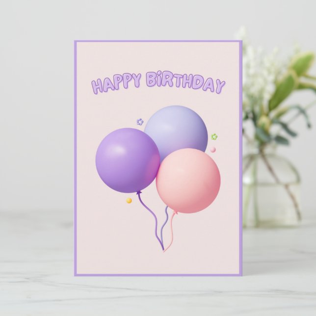 Niedliche Lila Rosa Balloons glücklich zum Geburts Karte (Stehend Vorderseite)