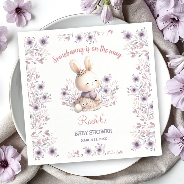 Niedliche Lila Rosa Bläserspülung Babydusche Serviette (Cute Bunny Purple Pink Floral Girl Baby Shower Napkins)