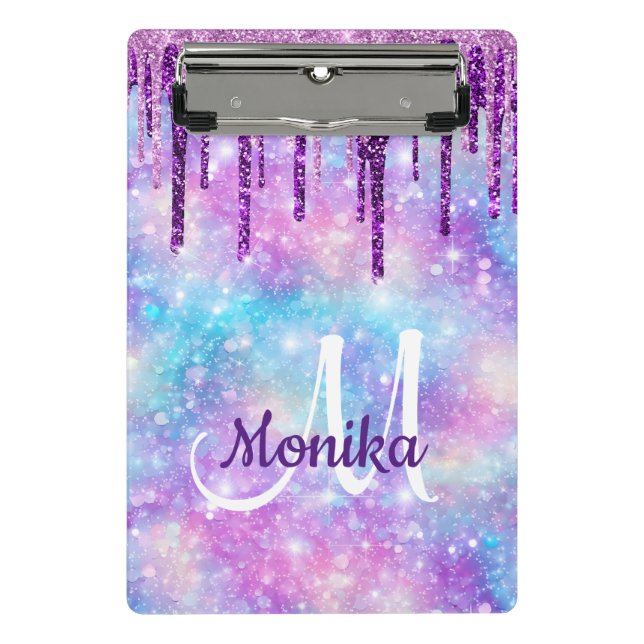 Niedliche Lila-rosa Einhorn-Glitzer-Tropfen Monogr Mini Klemmbrett (Vorderseite)