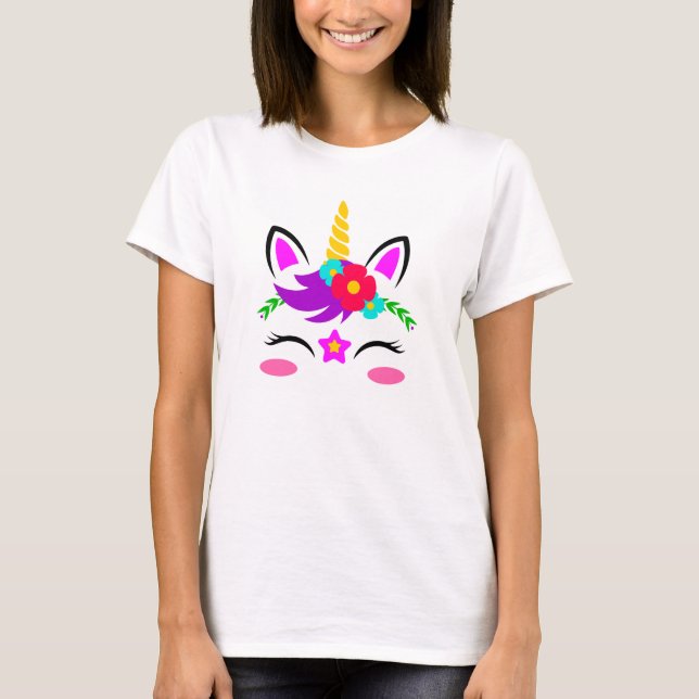 Niedliche Lila Rosa Einhorn Rote Blume T-Shirt (Vorderseite)