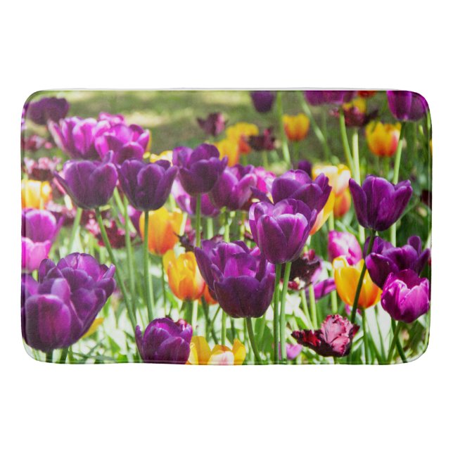 Niedliche lila und gelbe Tulpen Badematte (Vorderseite)