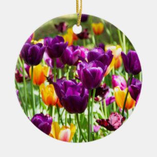 Niedliche lila und gelbe Tulpen Keramik Ornament