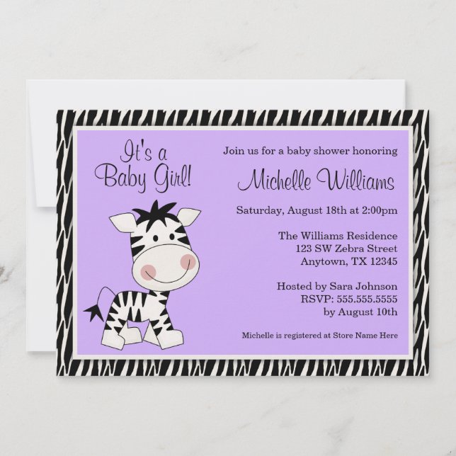 Niedliche lila Zebra-Mädchen-Baby-Dusche Einladung (Vorderseite)