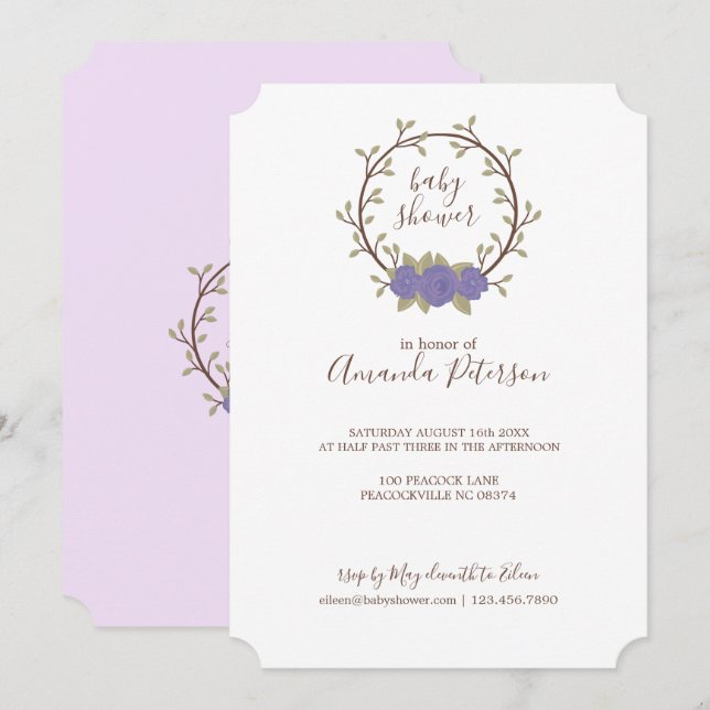 Niedliche Lilac Floral Wreath Baby Dusche Einladung (Vorne/Hinten)