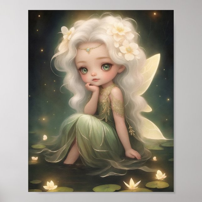 Niedliche Lilypad Fairy mit Blume, Whimsikkunst Poster (Vorne)