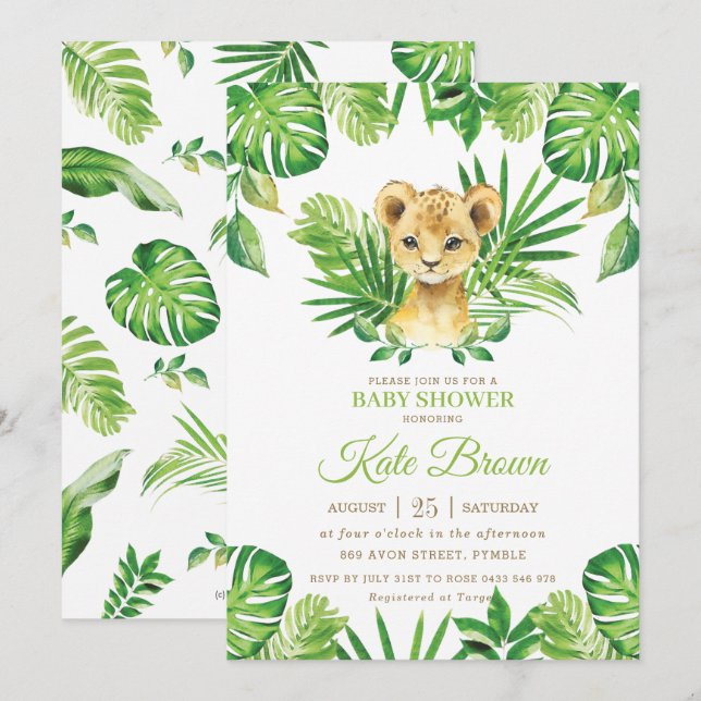 Niedliche Lion Cub Tropical Greenery Kinderdusche Einladung (Vorne/Hinten)