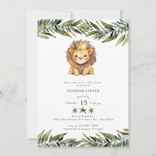 Niedliche Lion | Prinz | Wasserfarben-Babydusche Einladung (Vorderseite)