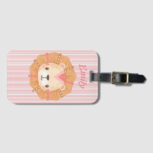 Niedliche Lion und Monogramm auf rosa, gelb gestri Gepäckanhänger (Vorderseite (Horizontal))