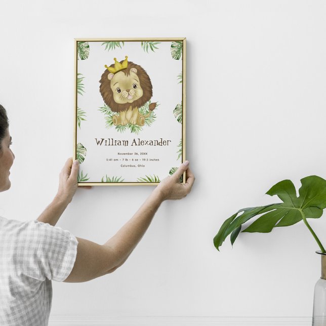 Niedliche Lion Watercolor Birth Stats Dschungelgrü Poster (Von Creator hochgeladen)