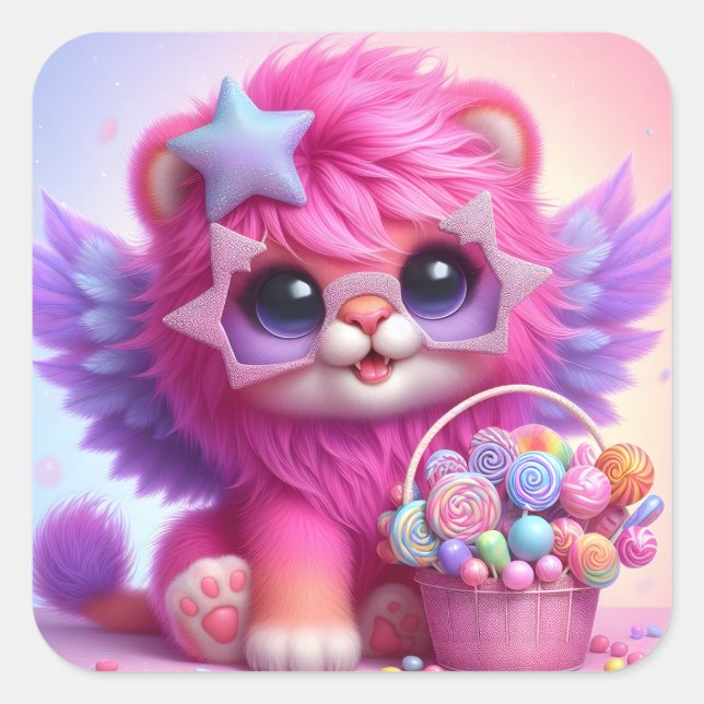 Niedliche Lioness mit Wings & Bonbons Quadratischer Aufkleber (Vorderseite)