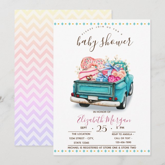 Niedliche LKW-Süßigkeiten Zigzag Babydusche Einladung (Vorne/Hinten)