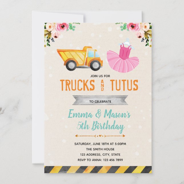 Niedliche LKW-Tutu-Party Einladung (Vorderseite)