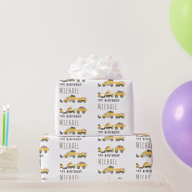 Niedliche LKWs Bau-LKWs Individuelle Name Geschenkpapier (Partygeschenke)