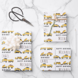 Niedliche LKWs Bau-LKWs Individuelle Name Geschenkpapier Set