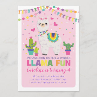 Niedliche Llama Geburtstagsparty Girly Fiesta Alpa Einladung