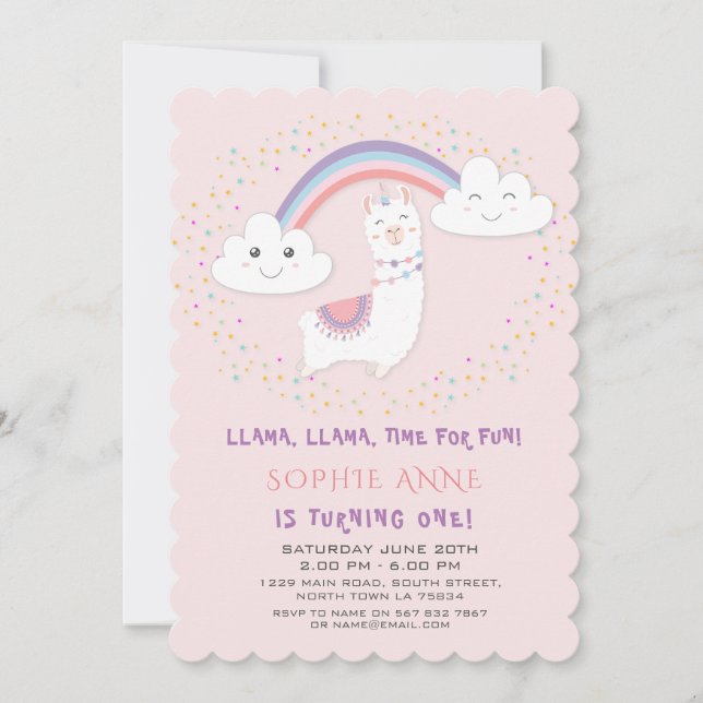 Niedliche Llama Rainbow Stars Blush Erster Geburts Einladung (Vorderseite)