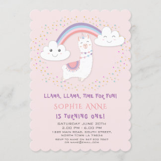 Niedliche Llama Rainbow Stars Blush Erster Geburts Einladung