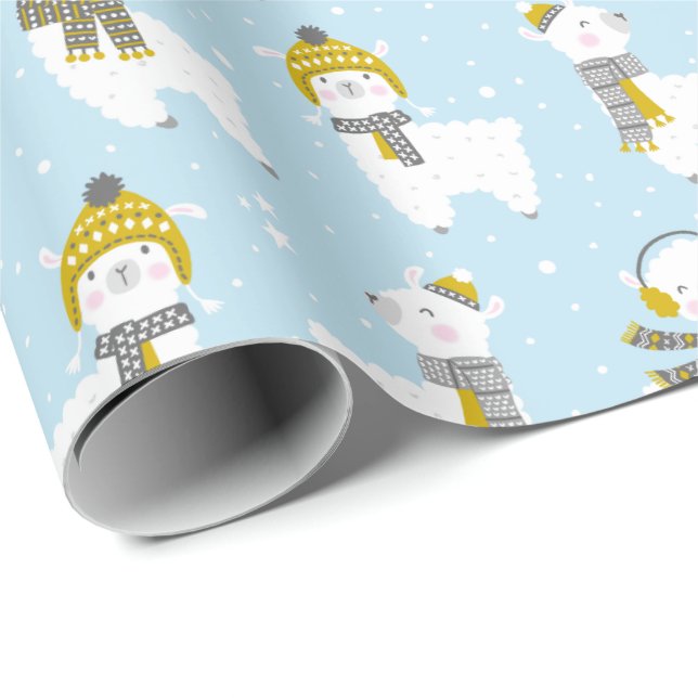 Niedliche Llamas mit Hüten und Schals auf hellblau Geschenkpapier (Rolleneckpunkt)