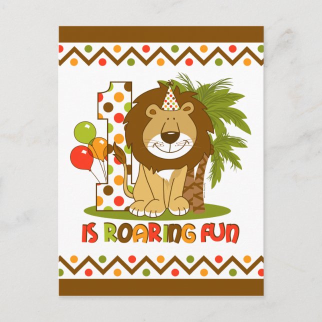 Niedliche Löwe 1. Geburtstag Postkarte Einladung (Vorderseite)