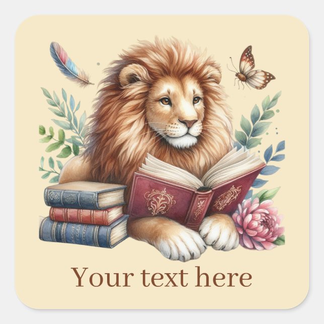 Niedliche Löwenbuchliebhaber fügen Text hinzu Quadratischer Aufkleber (Vorderseite)