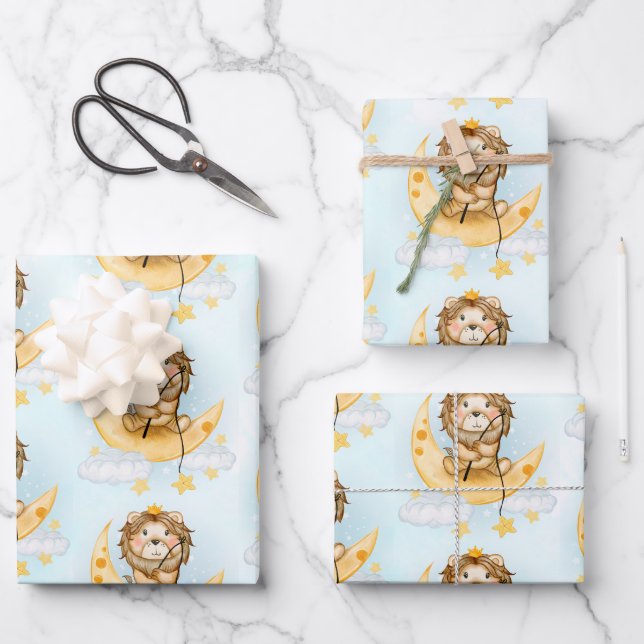 Niedliche Löwenfischerei auf dem Mond Geschenkpapier Set (Vorderseite)