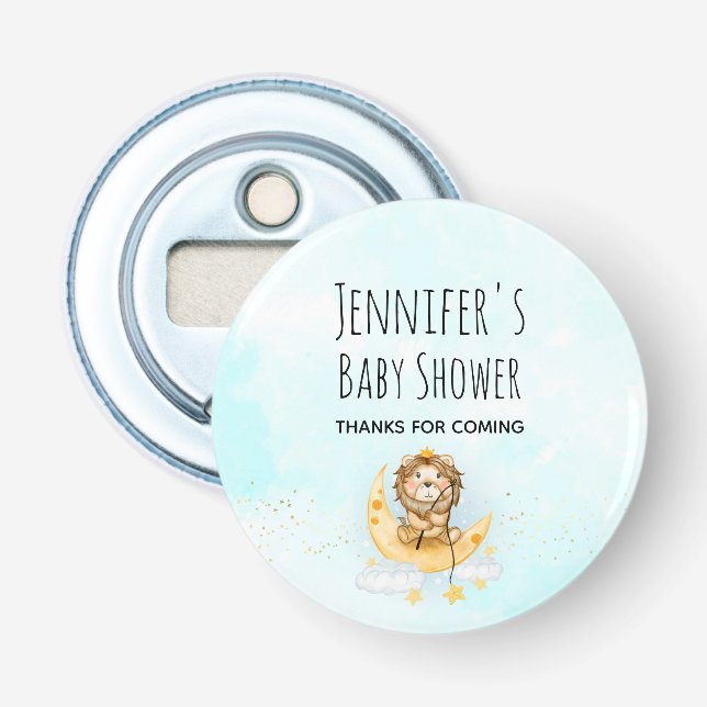 Niedliche Löwenfischerei auf der Mond-Babydusche Flaschenöffner (Vorderseite)